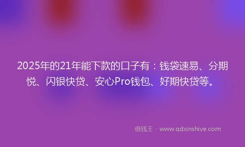 2025年的21年能下款的口子有：钱袋速易、分期悦、闪银快贷、安心Pro钱包、好期快贷等。