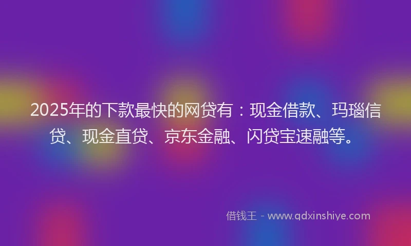 2025年的下款最快的网贷有：现金借款、玛瑙信贷、现金直贷、京东金融、闪贷宝速融等。