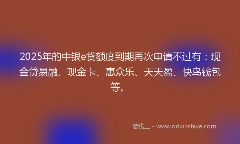 2025年的中银e贷额度到期再次申请不过有：现金贷易融、现金卡、惠众乐、天天盈、快鸟钱包等。
