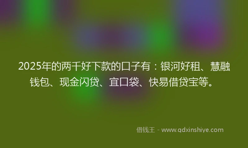 2025年的两千好下款的口子有：银河好租、慧融钱包、现金闪贷、宜口袋、快易借贷宝等。
