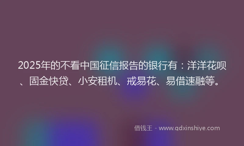 2025年的不看中国征信报告的银行有：洋洋花呗、固金快贷、小安租机、戒易花、易借速融等。