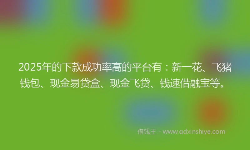 2025年的下款成功率高的平台有：新一花、飞猪钱包、现金易贷盒、现金飞贷、钱速借融宝等。