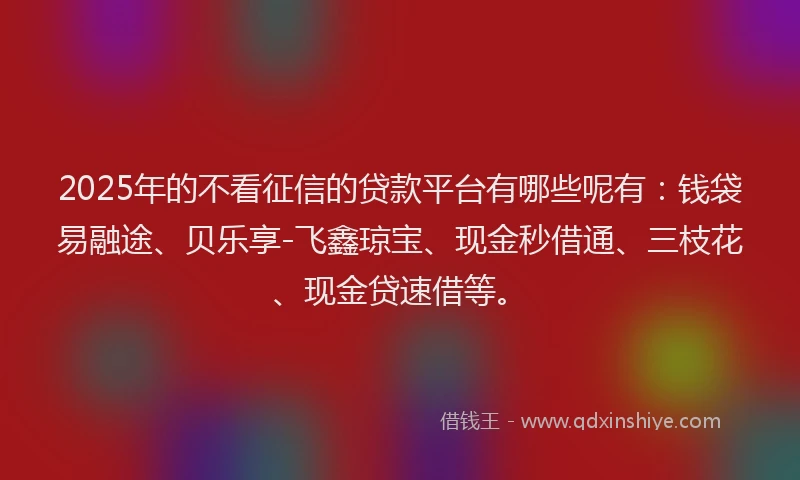 2025年的不看征信的贷款平台有哪些呢有：钱袋易融途、贝乐享-飞鑫琼宝、现金秒借通、三枝花、现金贷速借等。