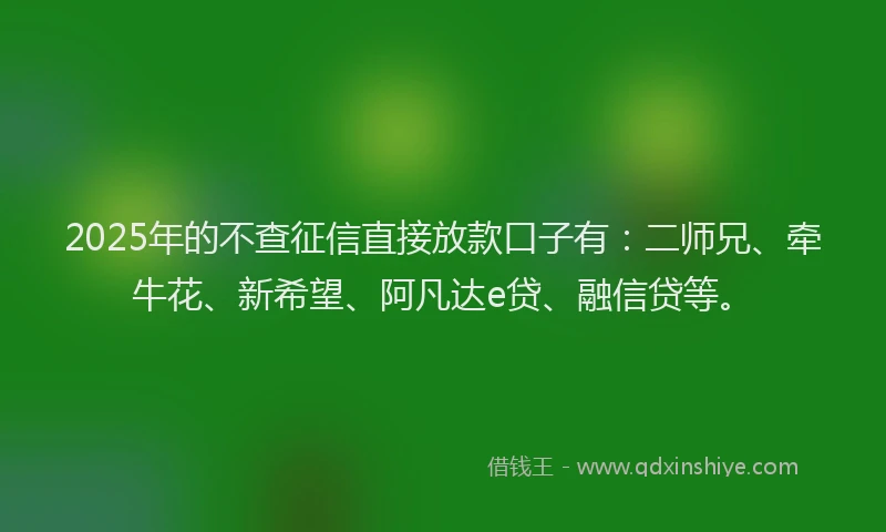 2025年的不查征信直接放款口子有：二师兄、牵牛花、新希望、阿凡达e贷、融信贷等。