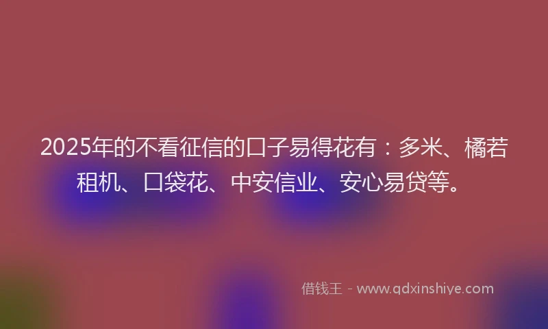 2025年的不看征信的口子易得花有：多米、橘若租机、口袋花、中安信业、安心易贷等。