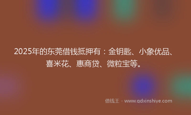 2025年的东莞借钱抵押有：金钥匙、小象优品、喜米花、惠商贷、微粒宝等。