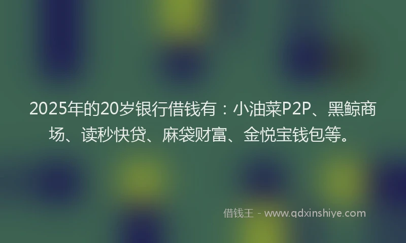 2025年的20岁银行借钱有：小油菜P2P、黑鲸商场、读秒快贷、麻袋财富、金悦宝钱包等。