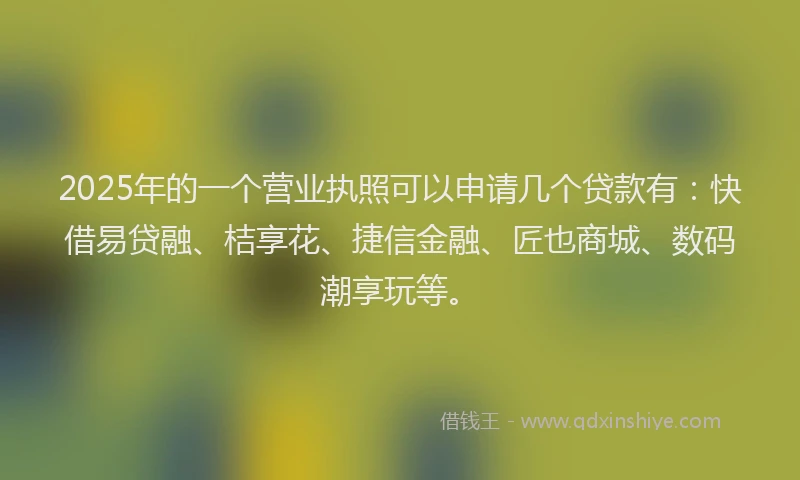 2025年的一个营业执照可以申请几个贷款有：快借易贷融、桔享花、捷信金融、匠也商城、数码潮享玩等。
