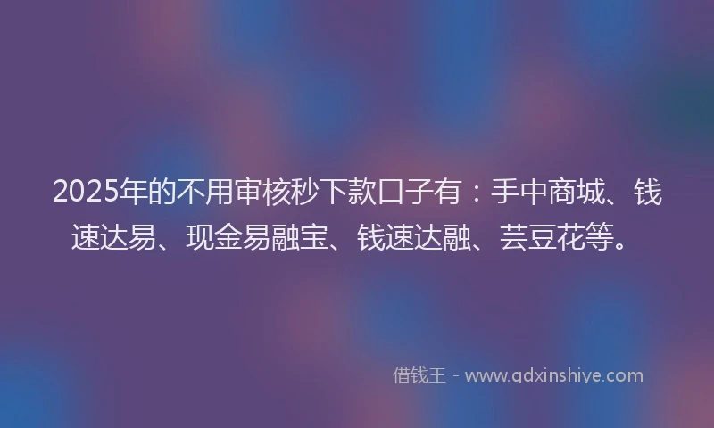 2025年的不用审核秒下款口子有：手中商城、钱速达易、现金易融宝、钱速达融、芸豆花等。
