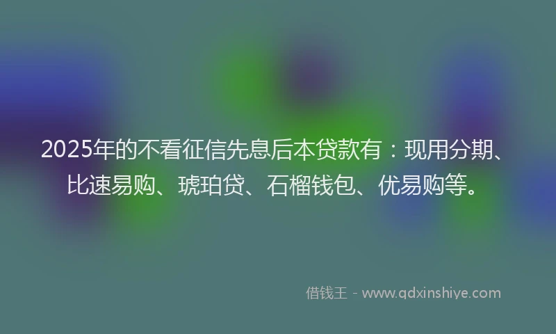 2025年的不看征信先息后本贷款有：现用分期、比速易购、琥珀贷、石榴钱包、优易购等。