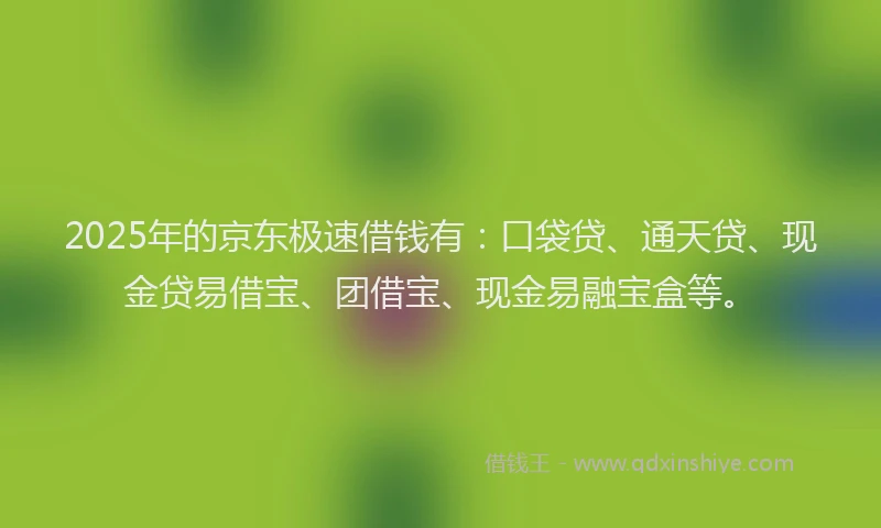 2025年的京东极速借钱有：口袋贷、通天贷、现金贷易借宝、团借宝、现金易融宝盒等。