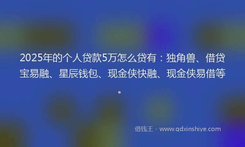 2025年的个人贷款5万怎么贷有：独角兽、借贷宝易融、星辰钱包、现金侠快融、现金侠易借等。