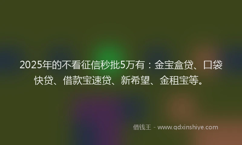 2025年的不看征信秒批5万有：金宝盒贷、口袋快贷、借款宝速贷、新希望、金租宝等。