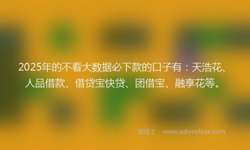2025年的不看大数据必下款的口子有：天浩花、人品借款、借贷宝快贷、团借宝、融享花等。