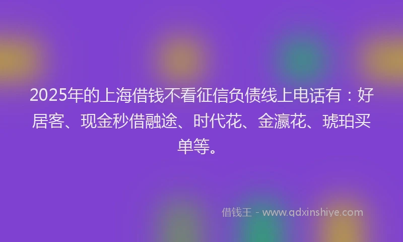 2025年的上海借钱不看征信负债线上电话有：好居客、现金秒借融途、时代花、金瀛花、琥珀买单等。