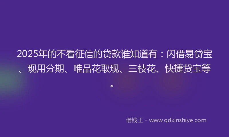 2025年的不看征信的贷款谁知道有：闪借易贷宝、现用分期、唯品花取现、三枝花、快捷贷宝等。