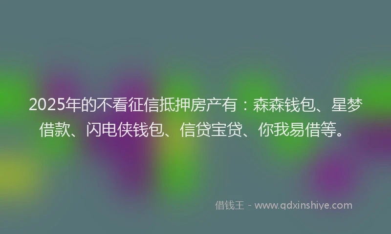 2025年的不看征信抵押房产有：森森钱包、星梦借款、闪电侠钱包、信贷宝贷、你我易借等。