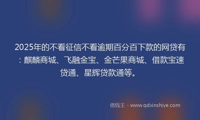 2025年的不看征信不看逾期百分百下款的网贷有：麒麟商城、飞融金宝、金芒果商城、借款宝速贷通、星辉贷款通等。
