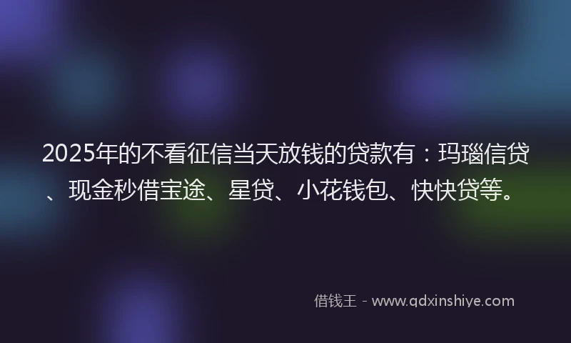 2025年的不看征信当天放钱的贷款有：玛瑙信贷、现金秒借宝途、星贷、小花钱包、快快贷等。