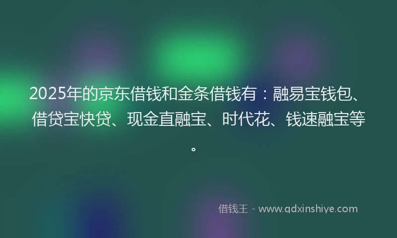 2025年的京东借钱和金条借钱有：融易宝钱包、借贷宝快贷、现金直融宝、时代花、钱速融宝等。
