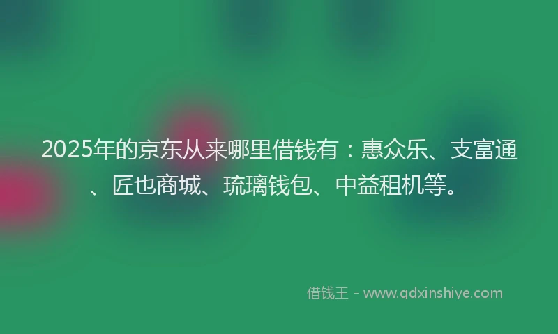 2025年的京东从来哪里借钱有：惠众乐、支富通、匠也商城、琉璃钱包、中益租机等。