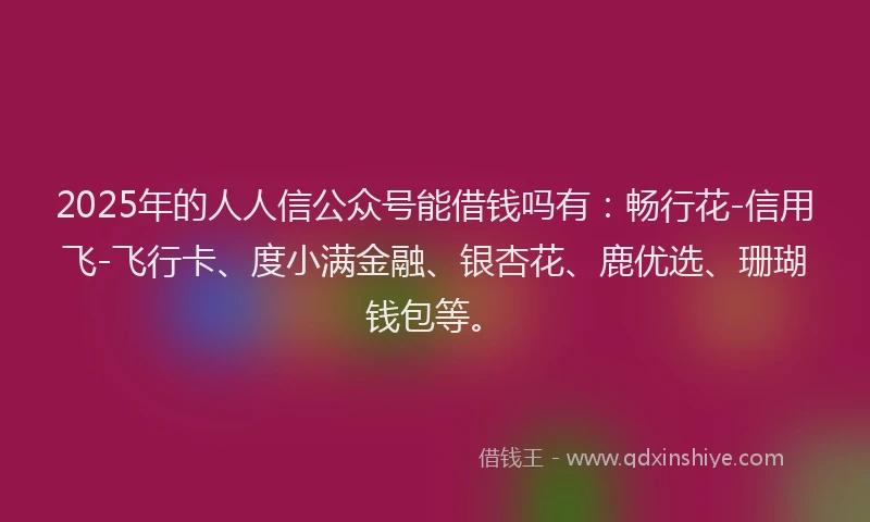 2025年的人人信公众号能借钱吗有：畅行花-信用飞-飞行卡、度小满金融、银杏花、鹿优选、珊瑚钱包等。
