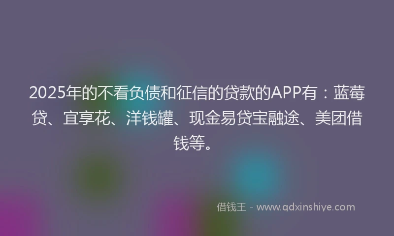 2025年的不看负债和征信的贷款的APP有：蓝莓贷、宜享花、洋钱罐、现金易贷宝融途、美团借钱等。