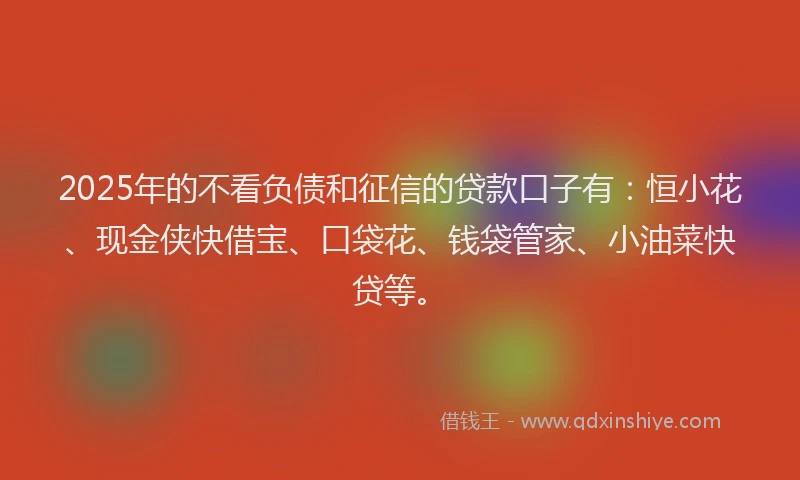 2025年的不看负债和征信的贷款口子有：恒小花、现金侠快借宝、口袋花、钱袋管家、小油菜快贷等。