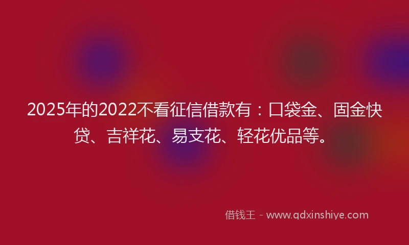 2025年的2022不看征信借款有：口袋金、固金快贷、吉祥花、易支花、轻花优品等。