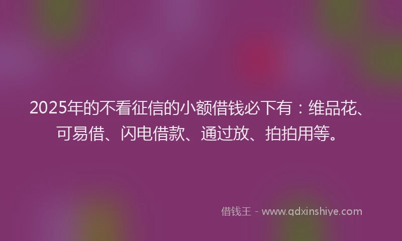2025年的不看征信的小额借钱必下有：维品花、可易借、闪电借款、通过放、拍拍用等。