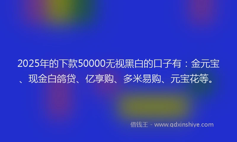 2025年的下款50000无视黑白的口子有：金元宝、现金白鸽贷、亿享购、多米易购、元宝花等。