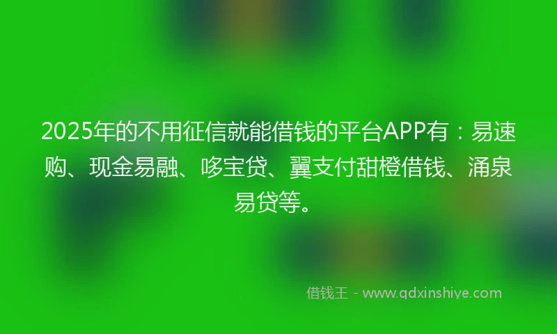 2025年的不用征信就能借钱的平台APP有：易速购、现金易融、哆宝贷、翼支付甜橙借钱、涌泉易贷等。