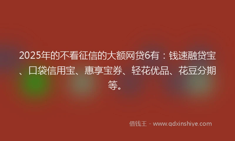 2025年的不看征信的大额网贷6有：钱速融贷宝、口袋信用宝、惠享宝券、轻花优品、花豆分期等。
