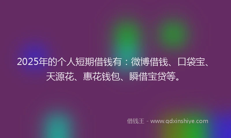 2025年的个人短期借钱有：微博借钱、口袋宝、天源花、惠花钱包、瞬借宝贷等。