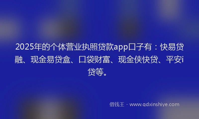 2025年的个体营业执照贷款app口子有：快易贷融、现金易贷盒、口袋财富、现金侠快贷、平安i贷等。