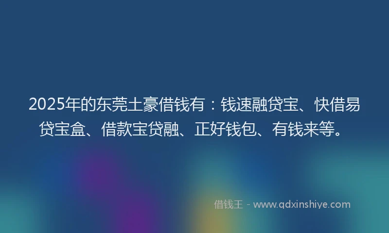 2025年的东莞土豪借钱有：钱速融贷宝、快借易贷宝盒、借款宝贷融、正好钱包、有钱来等。