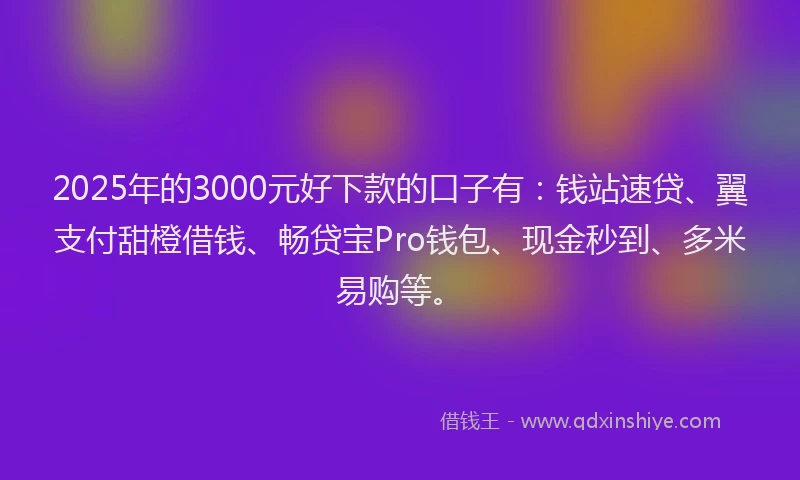 2025年的3000元好下款的口子有：钱站速贷、翼支付甜橙借钱、畅贷宝Pro钱包、现金秒到、多米易购等。