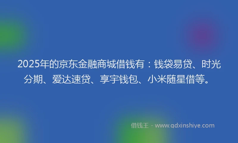 2025年的京东金融商城借钱有：钱袋易贷、时光分期、爱达速贷、享宇钱包、小米随星借等。