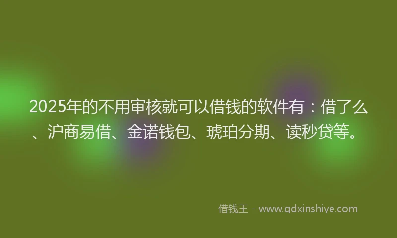 2025年的不用审核就可以借钱的软件有：借了么、沪商易借、金诺钱包、琥珀分期、读秒贷等。