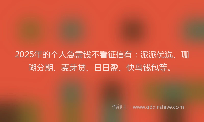 2025年的个人急需钱不看征信有:派派优选、珊瑚分期、麦芽贷、日日盈、快鸟钱包等。