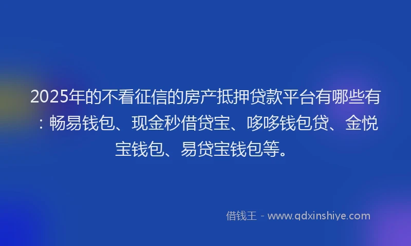 2025年的不看征信的房产抵押贷款平台有哪些有：畅易钱包、现金秒借贷宝、哆哆钱包贷、金悦宝钱包、易贷宝钱包等。