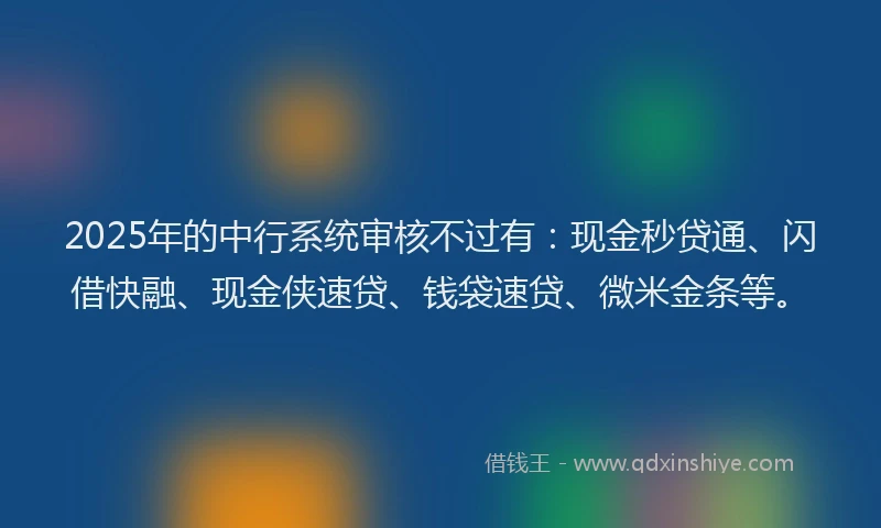 2025年的中行系统审核不过有：现金秒贷通、闪借快融、现金侠速贷、钱袋速贷、微米金条等。