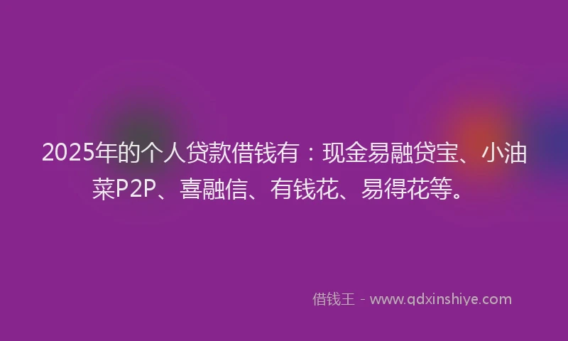 2025年的个人贷款借钱有：现金易融贷宝、小油菜P2P、喜融信、有钱花、易得花等。