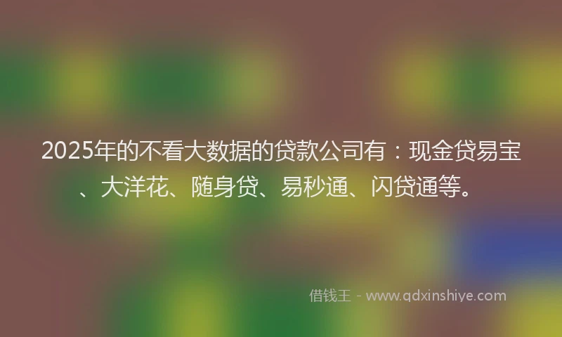 2025年的不看大数据的贷款公司有：现金贷易宝、大洋花、随身贷、易秒通、闪贷通等。