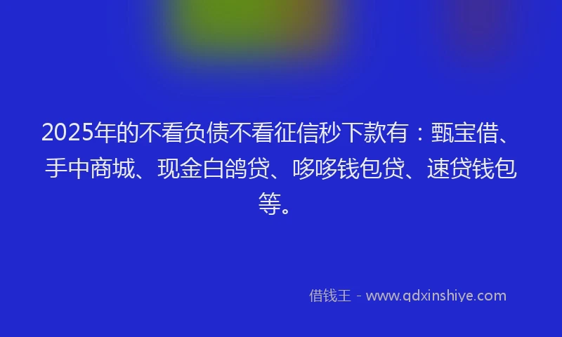 2025年的不看负债不看征信秒下款有：甄宝借、手中商城、现金白鸽贷、哆哆钱包贷、速贷钱包等。