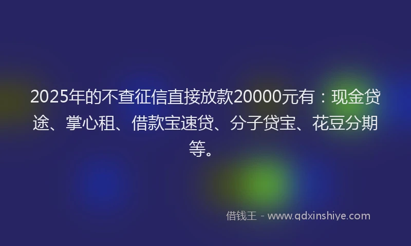 2025年的不查征信直接放款20000元有：现金贷途、掌心租、借款宝速贷、分子贷宝、花豆分期等。