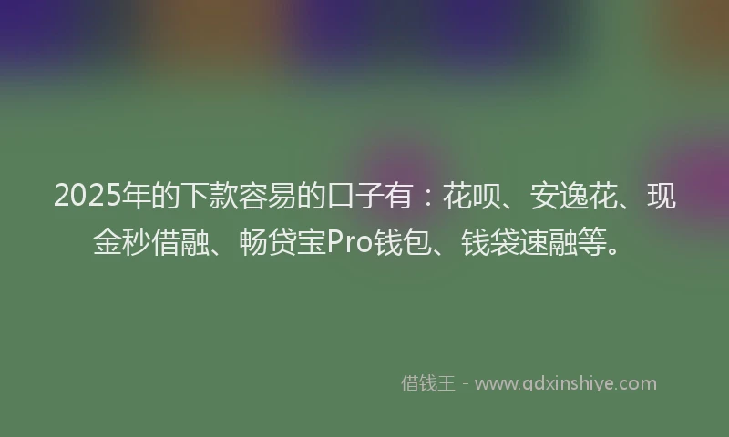 2025年的下款容易的口子有：花呗、安逸花、现金秒借融、畅贷宝Pro钱包、钱袋速融等。