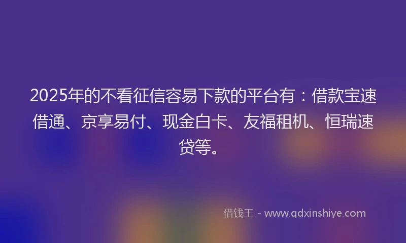 2025年的不看征信容易下款的平台有：借款宝速借通、京享易付、现金白卡、友福租机、恒瑞速贷等。