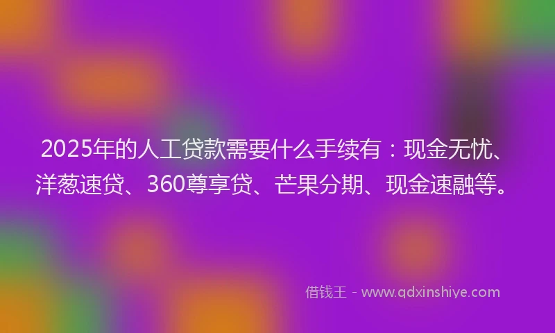 2025年的人工贷款需要什么手续有：现金无忧、洋葱速贷、360尊享贷、芒果分期、现金速融等。