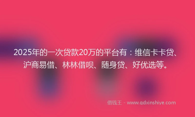 2025年的一次贷款20万的平台有：维信卡卡贷、沪商易借、林林借呗、随身贷、好优选等。